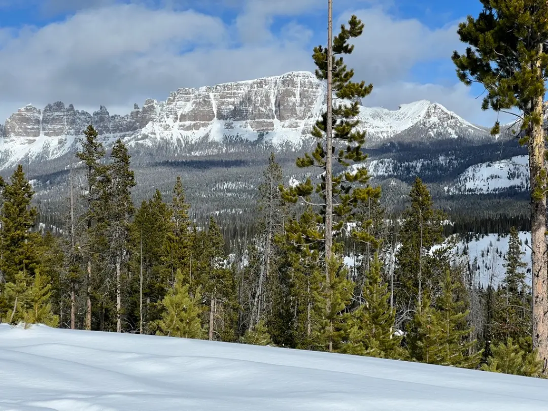 Snow-covered mountain landscape with layered rock formations and evergreen forest, viewed from snowy Continental Divide trail